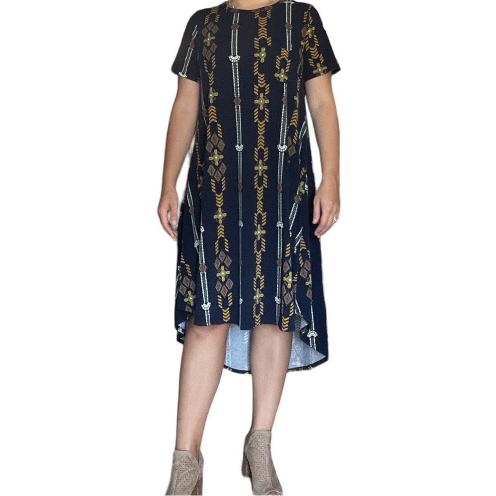 LULAROE Carly High Low T-shirt Dress in Blue Yellow and Green Geometric Pattern